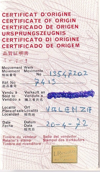 Longines certificate accompanying auction lot 260, dated 20 April 1972; a sales date, not a production date. · Photo: Dr. Crott · © Dr. Crott, used with permission · Source: https://uhren-muser.de/archives/113/62274