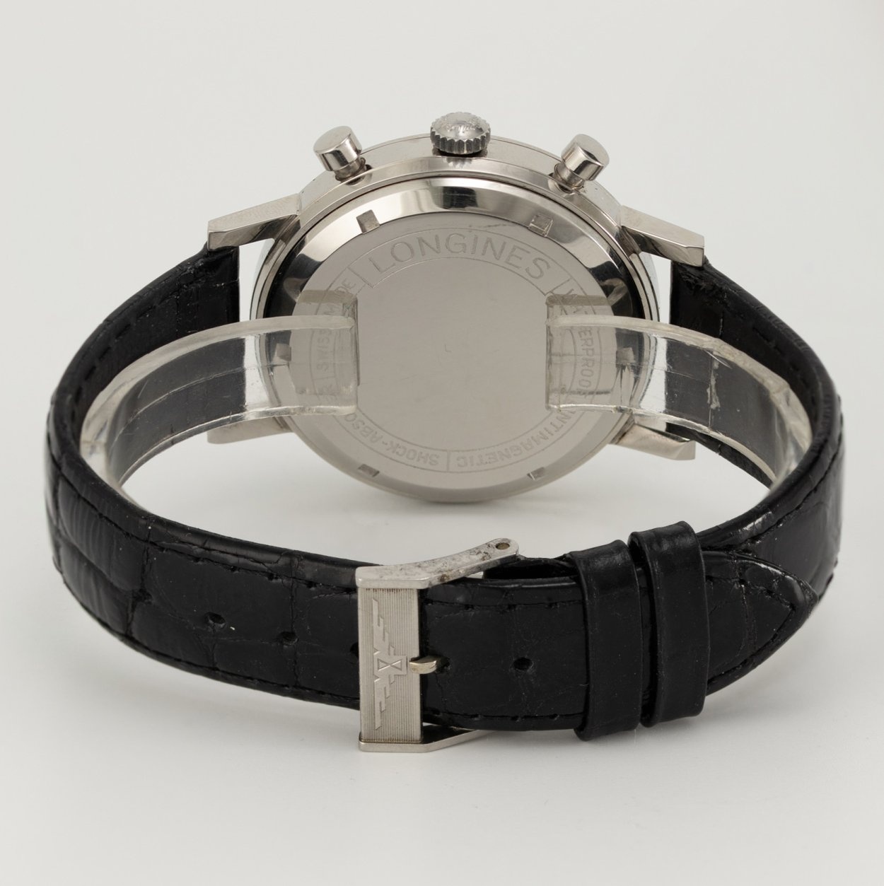 Longines 7413-6, Silver Dial, Blue Tachymeter and Red Telemeter. Exact documented specimen; condition and originality assessments remain attributed to Dr. Crott. · Photo: Dr. Crott · © Dr. Crott, used with permission · Source: https://uhren-muser.de/archives/113/62274