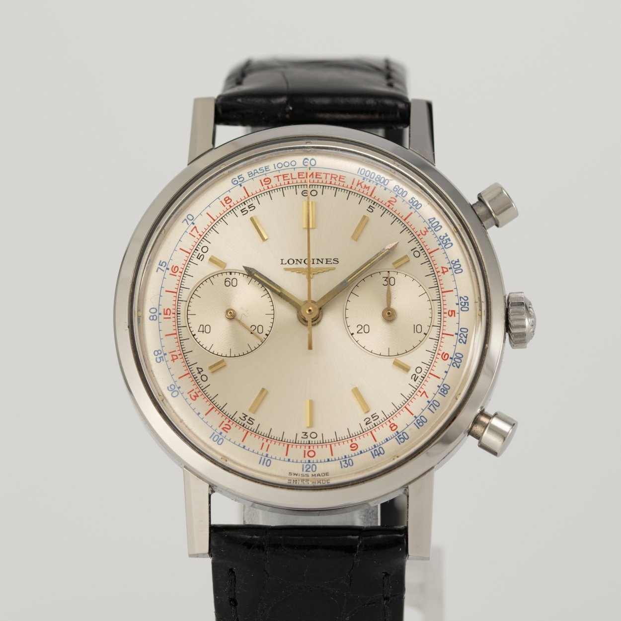 Longines 7413-6, Silver Dial, Blue Tachymeter and Red Telemeter. Exact documented specimen; condition and originality assessments remain attributed to Dr. Crott. · Photo: Dr. Crott · © Dr. Crott, used with permission · Source: https://uhren-muser.de/archives/113/62274