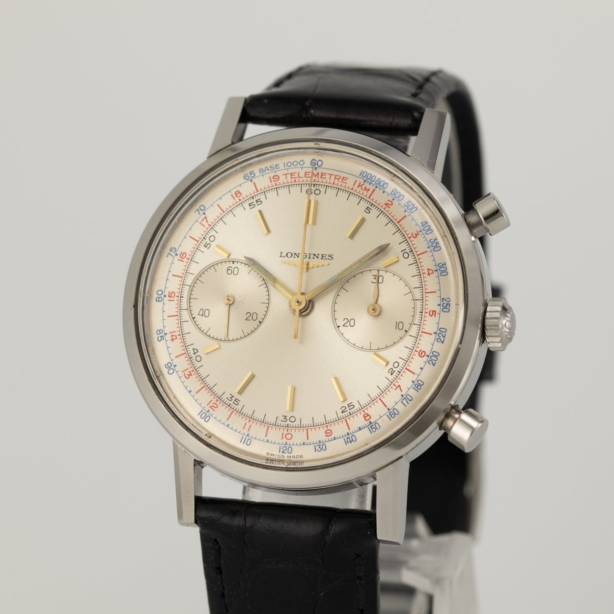 Longines 7413-6, Silver Dial, Blue Tachymeter and Red Telemeter. Exact documented specimen; condition and originality assessments remain attributed to Dr. Crott. · Photo: Dr. Crott · © Dr. Crott, used with permission · Source: https://uhren-muser.de/archives/113/62274