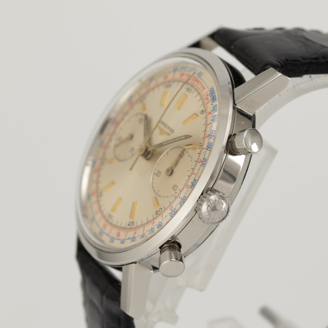Longines 7413-6, Silver Dial, Blue Tachymeter and Red Telemeter. Exact documented specimen; condition and originality assessments remain attributed to Dr. Crott. · Photo: Dr. Crott · © Dr. Crott, used with permission · Source: https://uhren-muser.de/archives/113/62274