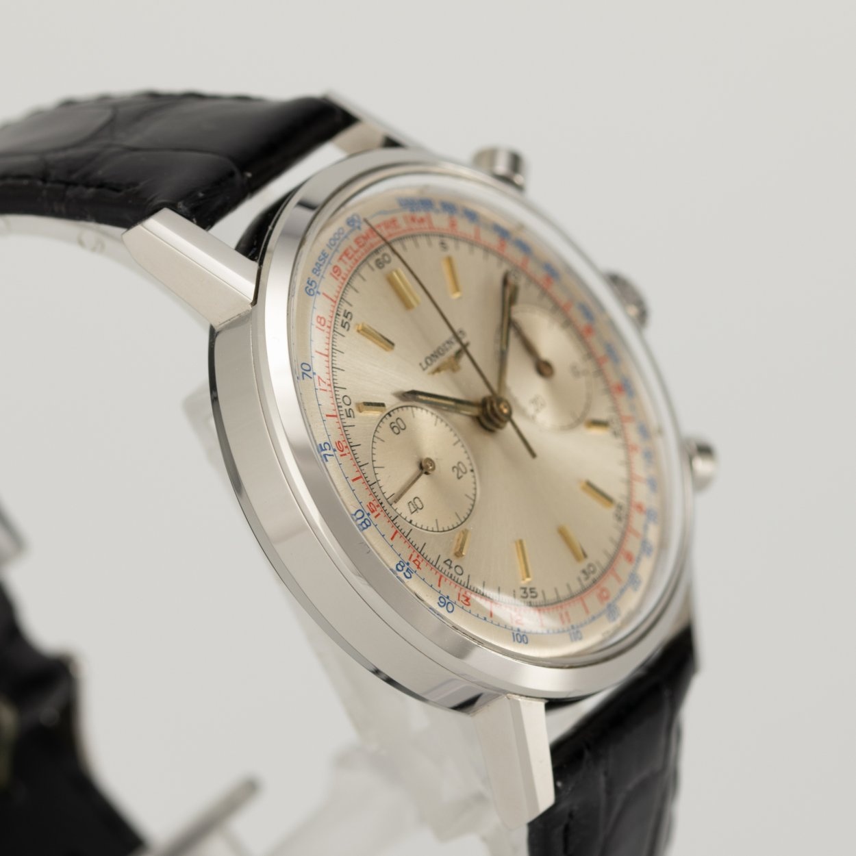 Longines 7413-6, Silver Dial, Blue Tachymeter and Red Telemeter. Exact documented specimen; condition and originality assessments remain attributed to Dr. Crott. · Photo: Dr. Crott · © Dr. Crott, used with permission · Source: https://uhren-muser.de/archives/113/62274